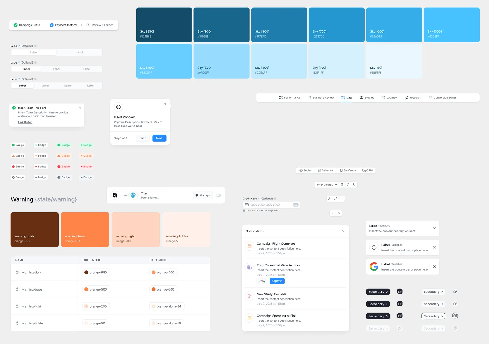 Agility design system: the Sky color ramp, badge and toast components, and warning-state tokens documented for light and dark mode