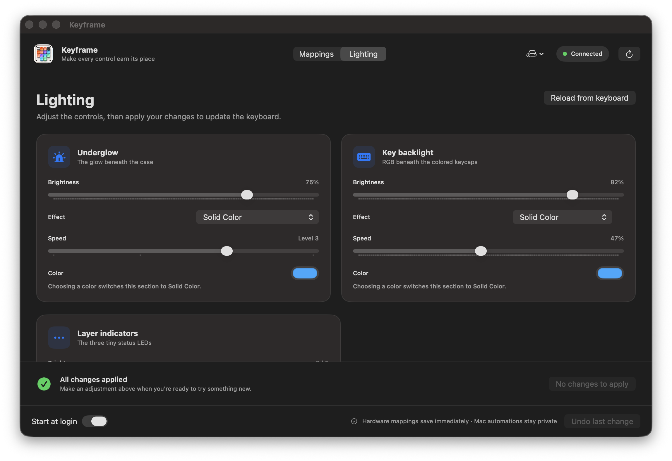 Keyframe lighting view with underglow, backlight, color, effect, speed, and layer-indicator controls