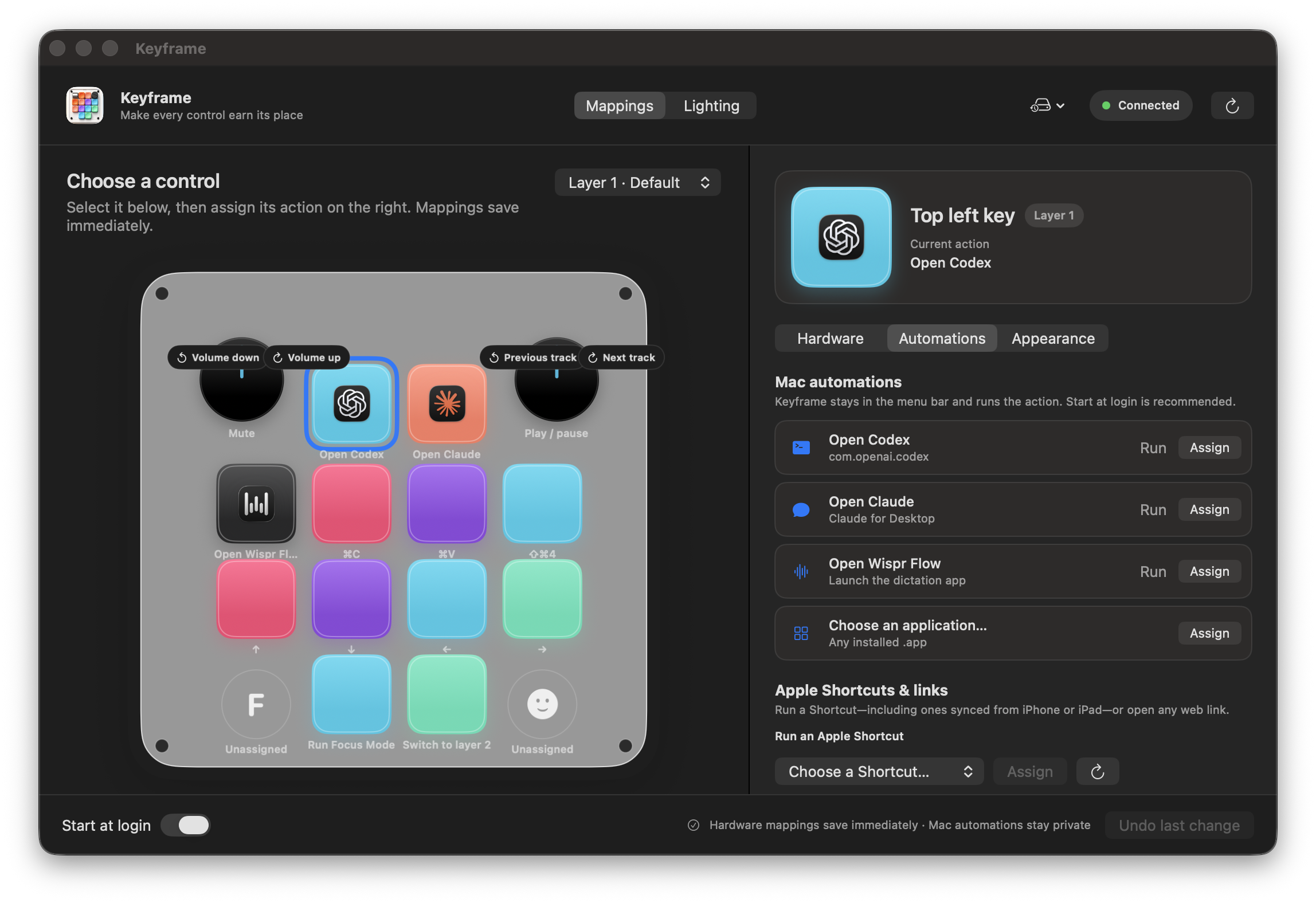Keyframe mapping view with the Codex key selected and Mac automation choices beside it