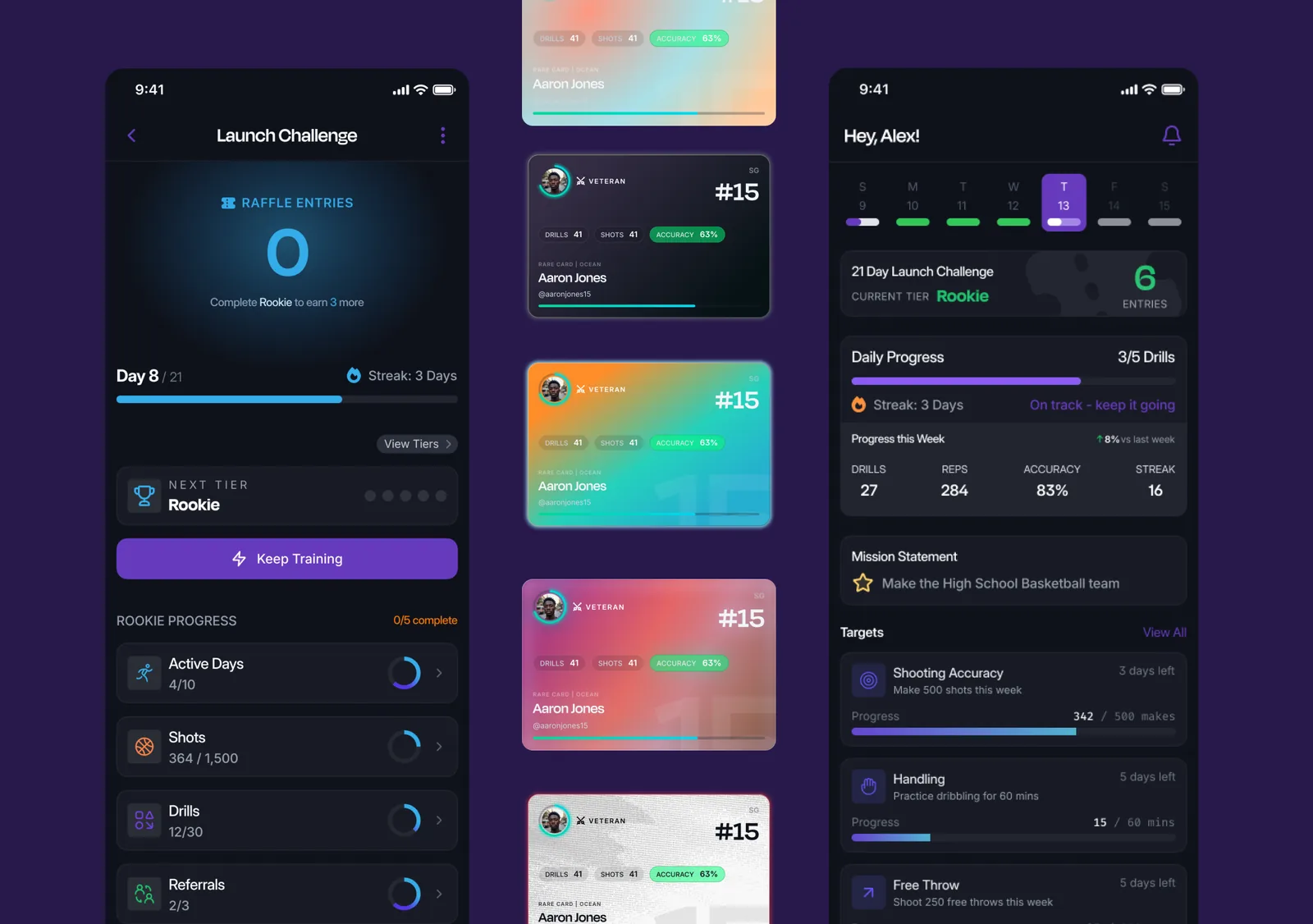 Reps 21-day launch challenge: raffle entries, tier progress, collectible player cards, and a daily dashboard with streaks and weekly targets